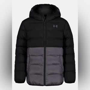 Under Armour Pronto Colorblock Puffer Jacket, Black Gray, Size Youth Small NEW
